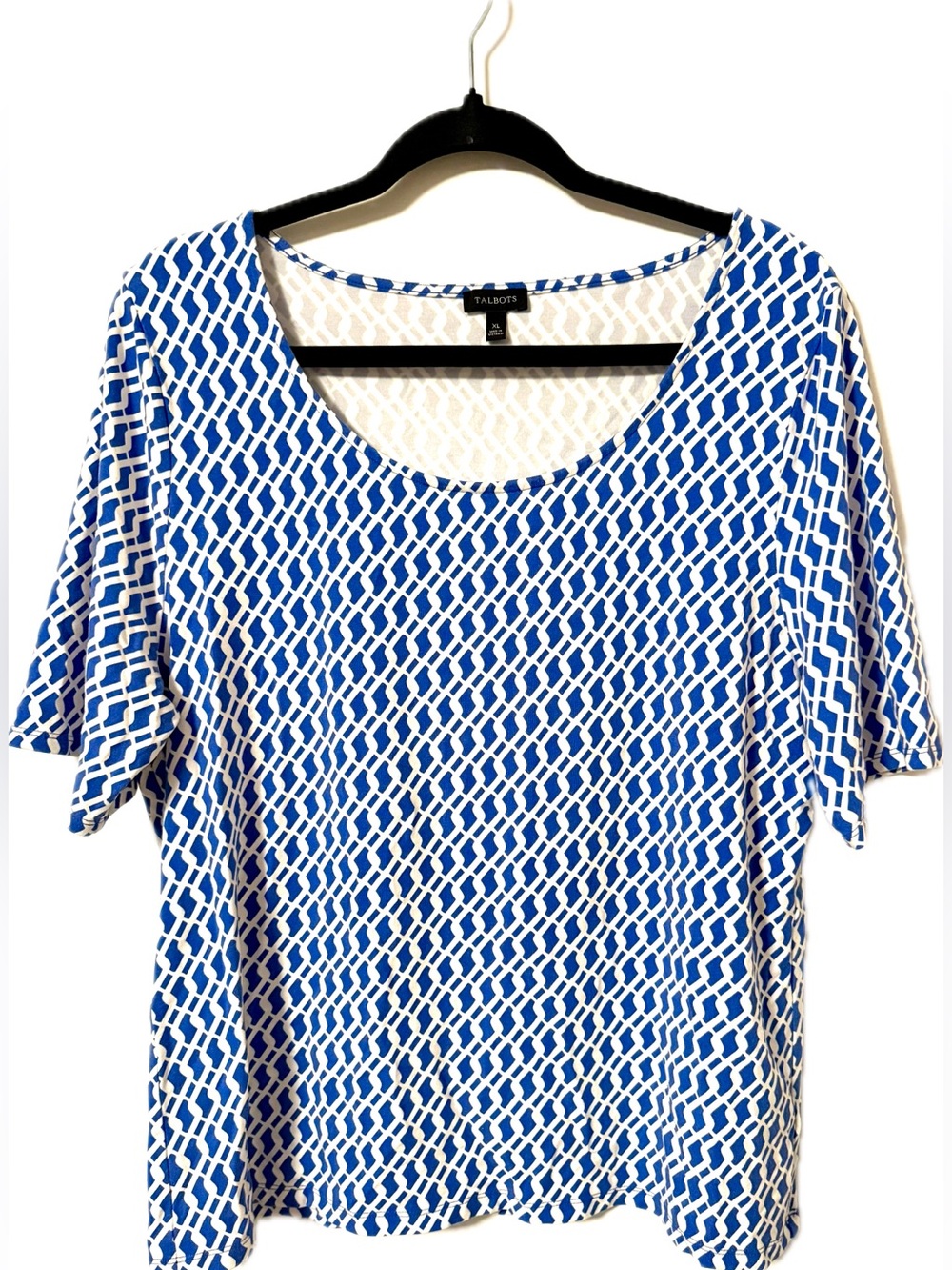Talbots Blue and White Geometric Scoop Neck Top Tee Shirt XL